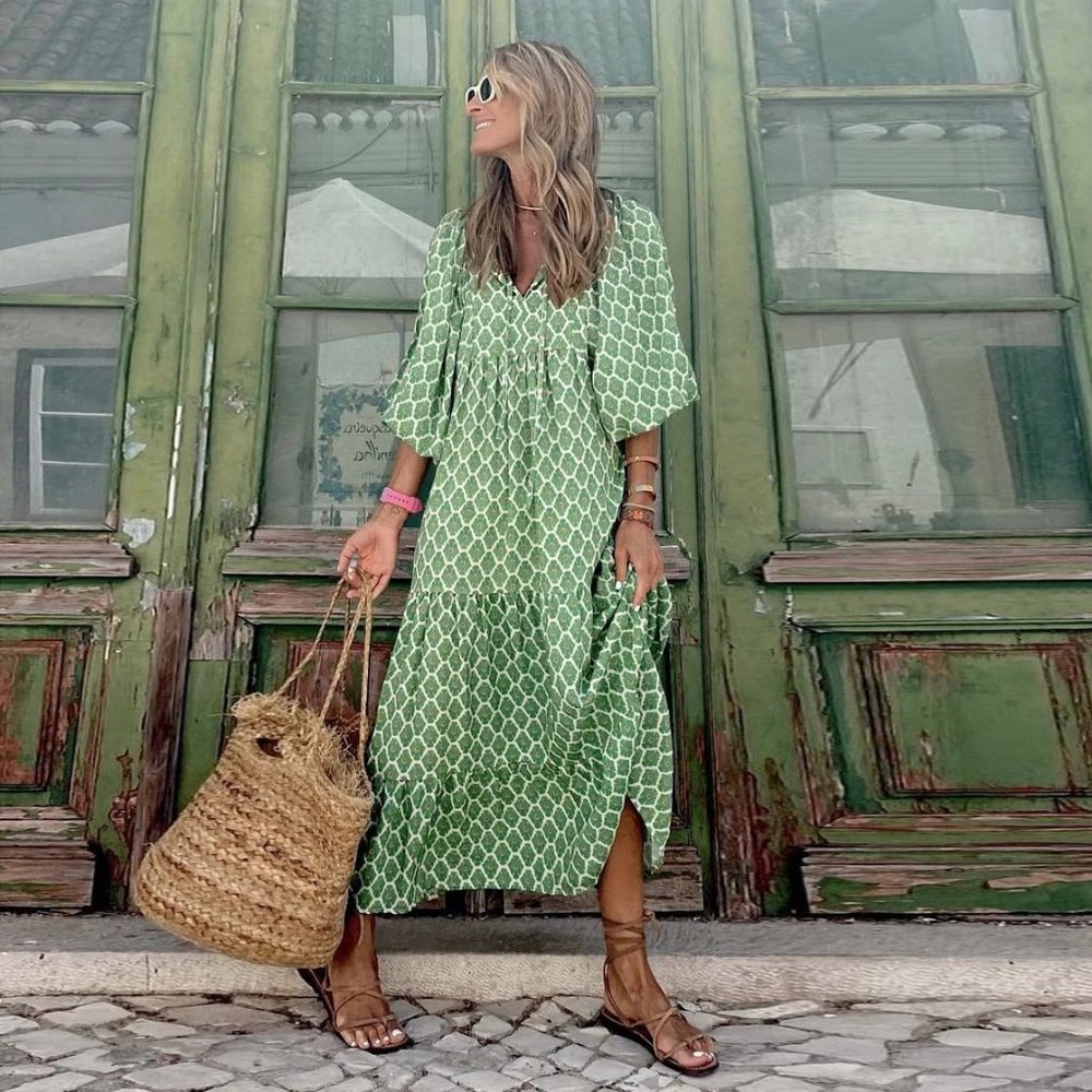 Lantern Sleeve Summer Floral Dress, Women Casual Long Dress, Boho Beach Dresses,